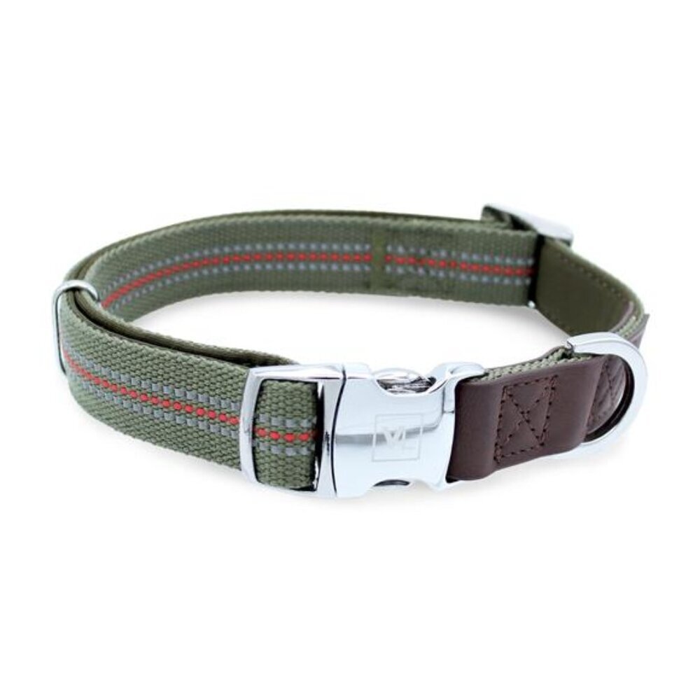 Comfort Medium Size Reflective Dog Collar, Metal Buckle, Olive Green